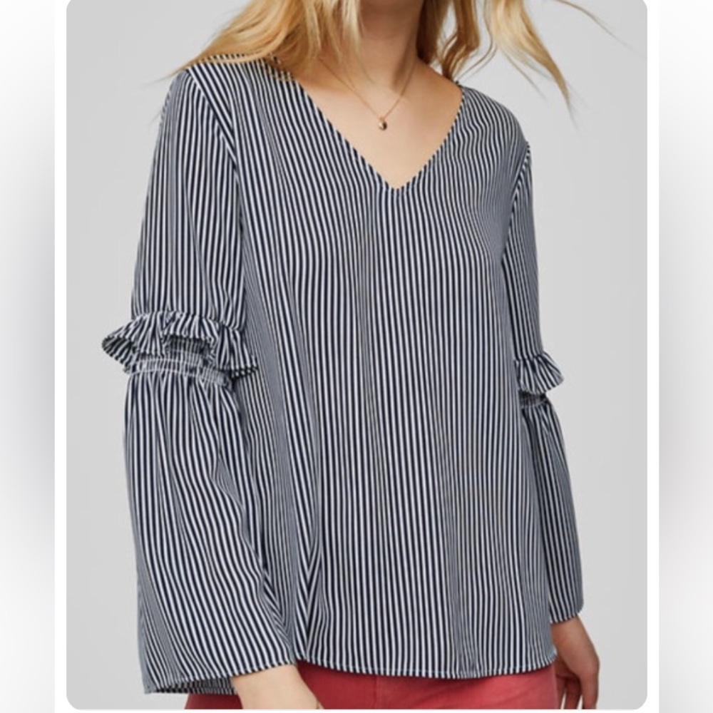 Loft Long Bell Ruffle Sleeve Striped V Neck Blouse Size S
